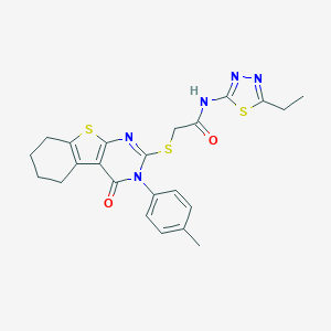 molecular formula C23H23N5O2S3 B419002 N-(5-ethyl-1,3,4-thiadiazol-2-yl)-2-{[3-(4-methylphenyl)-4-oxo-3,4,5,6,7,8-hexahydro[1]benzothieno[2,3-d]pyrimidin-2-yl]sulfanyl}acetamide 