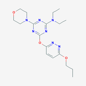 molecular formula C18H27N7O3 B4190263 N,N-diethyl-4-(4-morpholinyl)-6-[(6-propoxy-3-pyridazinyl)oxy]-1,3,5-triazin-2-amine 