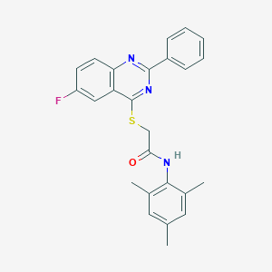 molecular formula C25H22FN3OS B419066 2-[(6-fluoro-2-phenyl-4-quinazolinyl)sulfanyl]-N-mesitylacetamide 