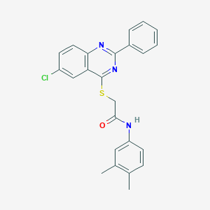molecular formula C24H20ClN3OS B419072 2-[(6-chloro-2-phenyl-4-quinazolinyl)sulfanyl]-N-(3,4-dimethylphenyl)acetamide 