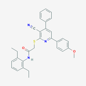 molecular formula C31H29N3O2S B419095 2-{[3-cyano-6-(4-methoxyphenyl)-4-phenyl-2-pyridinyl]sulfanyl}-N-(2,6-diethylphenyl)acetamide 