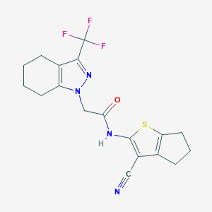molecular formula C18H17F3N4OS B419107 N-(3-Cyano-5,6-dihydro-4H-cyclopenta[b]thiophen-2-yl)-2-(3-trifluoromethyl-4,5,6,7-tetrahydro-indazol-1-yl)-acetamide 