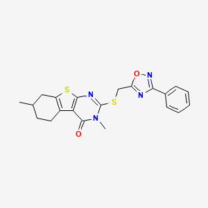 molecular formula C21H20N4O2S2 B4191141 3,7-dimethyl-2-{[(3-phenyl-1,2,4-oxadiazol-5-yl)methyl]thio}-5,6,7,8-tetrahydro[1]benzothieno[2,3-d]pyrimidin-4(3H)-one 