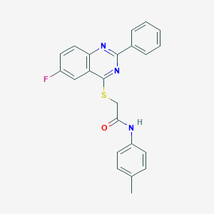 molecular formula C23H18FN3OS B419126 2-[(6-fluoro-2-phenyl-4-quinazolinyl)sulfanyl]-N-(4-methylphenyl)acetamide 