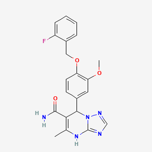 molecular formula C21H20FN5O3 B4191405 7-{4-[(2-fluorobenzyl)oxy]-3-methoxyphenyl}-5-methyl-4,7-dihydro[1,2,4]triazolo[1,5-a]pyrimidine-6-carboxamide 