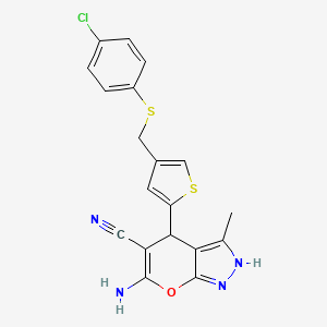 molecular formula C19H15ClN4OS2 B4191437 6-amino-4-(4-{[(4-chlorophenyl)thio]methyl}-2-thienyl)-3-methyl-2,4-dihydropyrano[2,3-c]pyrazole-5-carbonitrile 
