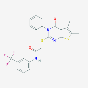 molecular formula C23H18F3N3O2S2 B419164 2-[(5,6-dimethyl-4-oxo-3-phenyl-3,4-dihydrothieno[2,3-d]pyrimidin-2-yl)sulfanyl]-N-[3-(trifluoromethyl)phenyl]acetamide 
