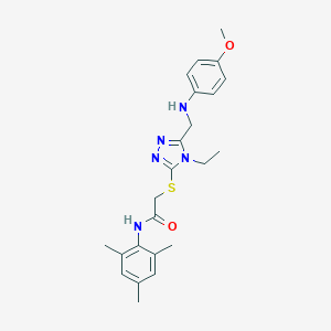 molecular formula C23H29N5O2S B419253 2-({4-ethyl-5-[(4-methoxyanilino)methyl]-4H-1,2,4-triazol-3-yl}sulfanyl)-N-mesitylacetamide 