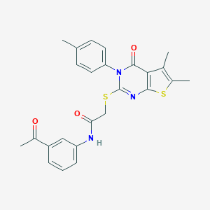 molecular formula C25H23N3O3S2 B419257 N-(3-acetylphenyl)-2-{[5,6-dimethyl-3-(4-methylphenyl)-4-oxo-3,4-dihydrothieno[2,3-d]pyrimidin-2-yl]sulfanyl}acetamide 