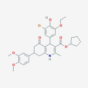 molecular formula C32H36BrNO7 B419269 Cyclopentyl 4-(3-bromo-5-ethoxy-4-hydroxyphenyl)-7-(3,4-dimethoxyphenyl)-2-methyl-5-oxo-1,4,5,6,7,8-hexahydro-3-quinolinecarboxylate 