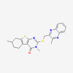 molecular formula C22H22N4OS2 B4192803 3,7-dimethyl-2-{[(3-methyl-2-quinoxalinyl)methyl]thio}-5,6,7,8-tetrahydro[1]benzothieno[2,3-d]pyrimidin-4(3H)-one 