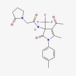 molecular formula C21H22F3N3O4 B4192968 N-[4-acetyl-5-methyl-1-(4-methylphenyl)-2-oxo-3-(trifluoromethyl)-2,3-dihydro-1H-pyrrol-3-yl]-2-(2-oxo-1-pyrrolidinyl)acetamide 