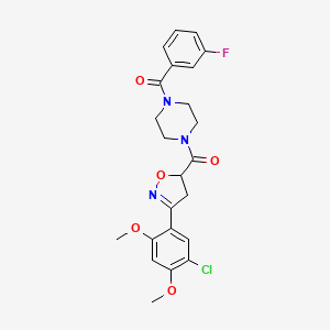 molecular formula C23H23ClFN3O5 B4193540 1-{[3-(5-chloro-2,4-dimethoxyphenyl)-4,5-dihydro-5-isoxazolyl]carbonyl}-4-(3-fluorobenzoyl)piperazine 