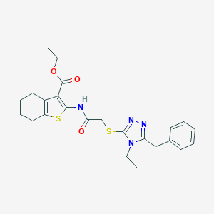 molecular formula C24H28N4O3S2 B419406 ethyl 2-({[(5-benzyl-4-ethyl-4H-1,2,4-triazol-3-yl)sulfanyl]acetyl}amino)-4,5,6,7-tetrahydro-1-benzothiophene-3-carboxylate 