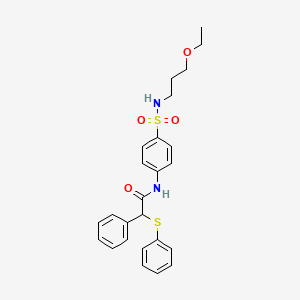 molecular formula C25H28N2O4S2 B4194138 N-(4-{[(3-ethoxypropyl)amino]sulfonyl}phenyl)-2-phenyl-2-(phenylthio)acetamide 