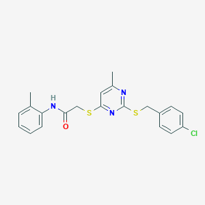 molecular formula C21H20ClN3OS2 B419417 2-({2-[(4-chlorobenzyl)sulfanyl]-6-methyl-4-pyrimidinyl}sulfanyl)-N-(2-methylphenyl)acetamide 