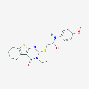 molecular formula C21H23N3O3S2 B419431 2-[(3-ethyl-4-oxo-3,4,5,6,7,8-hexahydro[1]benzothieno[2,3-d]pyrimidin-2-yl)sulfanyl]-N-(4-methoxyphenyl)acetamide CAS No. 333318-92-6