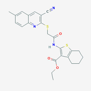 molecular formula C24H23N3O3S2 B419441 Ethyl 2-({[(3-cyano-6-methyl-2-quinolinyl)sulfanyl]acetyl}amino)-4,5,6,7-tetrahydro-1-benzothiophene-3-carboxylate 