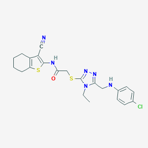molecular formula C22H23ClN6OS2 B419448 2-({5-[(4-chloroanilino)methyl]-4-ethyl-4H-1,2,4-triazol-3-yl}sulfanyl)-N-(3-cyano-4,5,6,7-tetrahydro-1-benzothien-2-yl)acetamide 