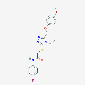 molecular formula C20H21FN4O3S B419457 2-({4-ethyl-5-[(4-methoxyphenoxy)methyl]-4H-1,2,4-triazol-3-yl}sulfanyl)-N-(4-fluorophenyl)acetamide 