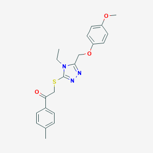 molecular formula C21H23N3O3S B419464 2-({4-ethyl-5-[(4-methoxyphenoxy)methyl]-4H-1,2,4-triazol-3-yl}sulfanyl)-1-(4-methylphenyl)ethanone 