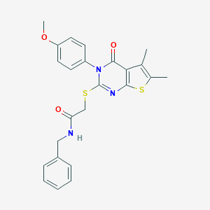 molecular formula C24H23N3O3S2 B419473 N-benzyl-2-{[3-(4-methoxyphenyl)-5,6-dimethyl-4-oxo-3,4-dihydrothieno[2,3-d]pyrimidin-2-yl]sulfanyl}acetamide 