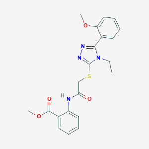 molecular formula C21H22N4O4S B419487 methyl 2-[({[4-ethyl-5-(2-methoxyphenyl)-4H-1,2,4-triazol-3-yl]sulfanyl}acetyl)amino]benzoate 