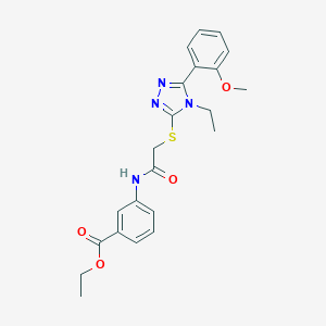 molecular formula C22H24N4O4S B419489 ethyl 3-[({[4-ethyl-5-(2-methoxyphenyl)-4H-1,2,4-triazol-3-yl]sulfanyl}acetyl)amino]benzoate 