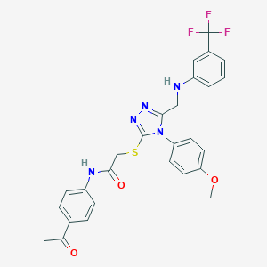 molecular formula C27H24F3N5O3S B419497 N-(4-acetylphenyl)-2-[(4-(4-methoxyphenyl)-5-{[3-(trifluoromethyl)anilino]methyl}-4H-1,2,4-triazol-3-yl)sulfanyl]acetamide 