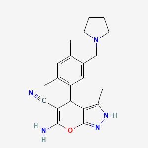 molecular formula C21H25N5O B4195017 6-amino-4-[2,4-dimethyl-5-(1-pyrrolidinylmethyl)phenyl]-3-methyl-2,4-dihydropyrano[2,3-c]pyrazole-5-carbonitrile 