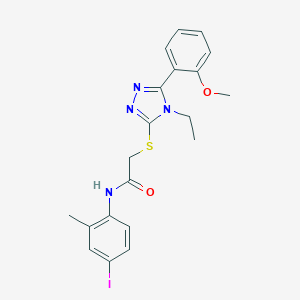 molecular formula C20H21IN4O2S B419506 2-{[4-ethyl-5-(2-methoxyphenyl)-4H-1,2,4-triazol-3-yl]sulfanyl}-N-(4-iodo-2-methylphenyl)acetamide 