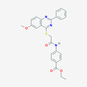 molecular formula C26H23N3O4S B419507 Ethyl 4-({[(6-methoxy-2-phenyl-4-quinazolinyl)sulfanyl]acetyl}amino)benzoate 