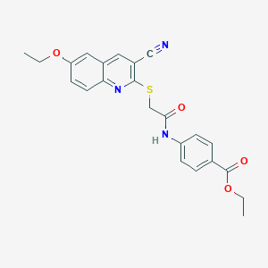 molecular formula C23H21N3O4S B419526 Ethyl 4-({[(3-cyano-6-ethoxy-2-quinolinyl)sulfanyl]acetyl}amino)benzoate 