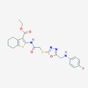 molecular formula C22H23FN4O4S2 B419529 Ethyl 2-{[({5-[(4-fluoroanilino)methyl]-1,3,4-oxadiazol-2-yl}sulfanyl)acetyl]amino}-4,5,6,7-tetrahydro-1-benzothiophene-3-carboxylate 