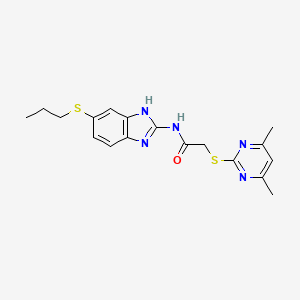 molecular formula C18H21N5OS2 B4195385 2-[(4,6-dimethyl-2-pyrimidinyl)thio]-N-[5-(propylthio)-1H-benzimidazol-2-yl]acetamide 