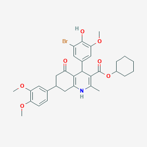 molecular formula C32H36BrNO7 B419545 Cyclohexyl 4-(3-bromo-4-hydroxy-5-methoxyphenyl)-7-(3,4-dimethoxyphenyl)-2-methyl-5-oxo-1,4,5,6,7,8-hexahydro-3-quinolinecarboxylate 