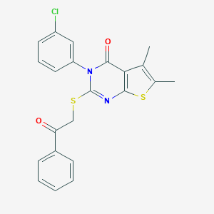 molecular formula C22H17ClN2O2S2 B419570 3-(3-chlorophenyl)-5,6-dimethyl-2-[(2-oxo-2-phenylethyl)sulfanyl]thieno[2,3-d]pyrimidin-4(3H)-one 