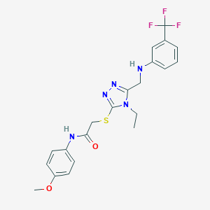 molecular formula C21H22F3N5O2S B419588 2-[(4-ethyl-5-{[3-(trifluoromethyl)anilino]methyl}-4H-1,2,4-triazol-3-yl)sulfanyl]-N-(4-methoxyphenyl)acetamide 