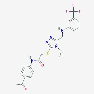 molecular formula C22H22F3N5O2S B419590 N-(4-acetylphenyl)-2-[(4-ethyl-5-{[3-(trifluoromethyl)anilino]methyl}-4H-1,2,4-triazol-3-yl)sulfanyl]acetamide 