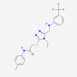 molecular formula C21H22F3N5OS B419592 2-[(4-ethyl-5-{[3-(trifluoromethyl)anilino]methyl}-4H-1,2,4-triazol-3-yl)sulfanyl]-N-(4-methylphenyl)acetamide 