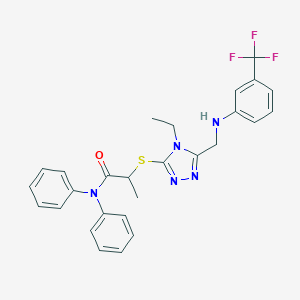 molecular formula C27H26F3N5OS B419593 2-[(4-ethyl-5-{[3-(trifluoromethyl)anilino]methyl}-4H-1,2,4-triazol-3-yl)sulfanyl]-N,N-diphenylpropanamide 