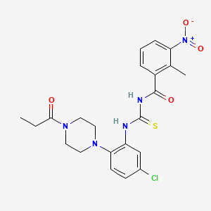 molecular formula C22H24ClN5O4S B4196060 N-({[5-chloro-2-(4-propionyl-1-piperazinyl)phenyl]amino}carbonothioyl)-2-methyl-3-nitrobenzamide 