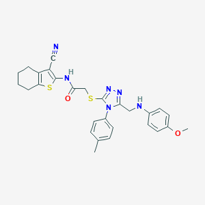 molecular formula C28H28N6O2S2 B419645 N-(3-cyano-4,5,6,7-tetrahydro-1-benzothien-2-yl)-2-{[5-[(4-methoxyanilino)methyl]-4-(4-methylphenyl)-4H-1,2,4-triazol-3-yl]sulfanyl}acetamide 