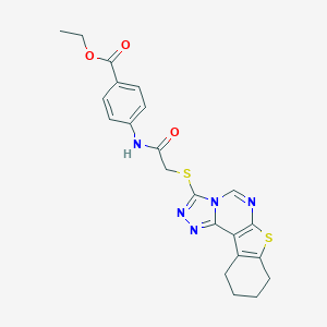 molecular formula C22H21N5O3S2 B419652 Ethyl 4-{[(8,9,10,11-tetrahydro[1]benzothieno[3,2-e][1,2,4]triazolo[4,3-c]pyrimidin-3-ylsulfanyl)acetyl]amino}benzoate 