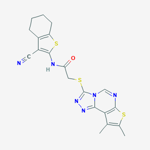 molecular formula C20H18N6OS3 B419655 N-(3-cyano-4,5,6,7-tetrahydro-1-benzothien-2-yl)-2-[(8,9-dimethylthieno[3,2-e][1,2,4]triazolo[4,3-c]pyrimidin-3-yl)sulfanyl]acetamide 