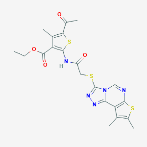 molecular formula C21H21N5O4S3 B419657 Ethyl 5-acetyl-2-({[(8,9-dimethylthieno[3,2-e][1,2,4]triazolo[4,3-c]pyrimidin-3-yl)sulfanyl]acetyl}amino)-4-methyl-3-thiophenecarboxylate 