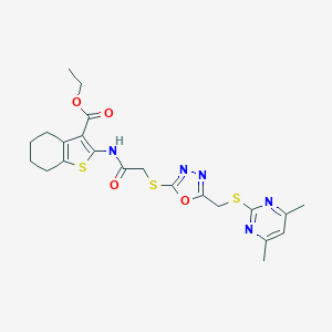 molecular formula C22H25N5O4S3 B419673 2-{2-[5-(4,6-Dimethyl-pyrimidin-2-ylsulfanylmethyl)-[1,3,4]oxadiazol-2-ylsulfanyl]-acetylamino}-4,5,6,7-tetrahydro-benzo[b]thiophene- 