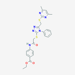 molecular formula C26H26N6O3S2 B419674 Ethyl 4-[[2-[[5-[(4,6-dimethylpyrimidin-2-yl)sulfanylmethyl]-4-phenyl-1,2,4-triazol-3-yl]sulfanyl]acetyl]amino]benzoate CAS No. 335397-87-0