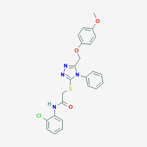 molecular formula C24H21ClN4O3S B419682 N-(2-chlorophenyl)-2-({5-[(4-methoxyphenoxy)methyl]-4-phenyl-4H-1,2,4-triazol-3-yl}sulfanyl)acetamide 
