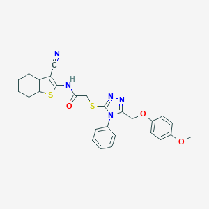 molecular formula C27H25N5O3S2 B419683 N-(3-cyano-4,5,6,7-tetrahydro-1-benzothien-2-yl)-2-({5-[(4-methoxyphenoxy)methyl]-4-phenyl-4H-1,2,4-triazol-3-yl}sulfanyl)acetamide 